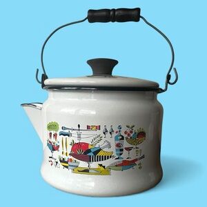 Vintage Briard Tea Kettle Turkey Dinner Pattern Collectible Enamel Metal MCM